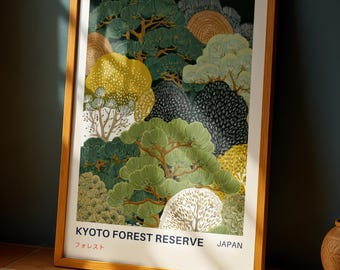 京都の森林保護区のヴィンテージアートプリント – 日本の風景ポスター、リビングルームやオフィス用のジャパンディ自然壁装飾
