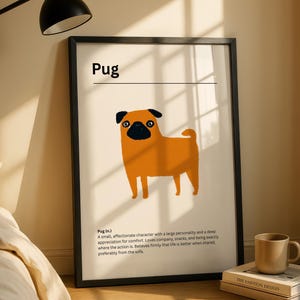 Mopshond definitie print, mopshond kunst aan de muur, mopshond kunst print, grappige hond definitie poster, minimalistische hondenras print, mopshond cadeau voor hondenliefhebbers
