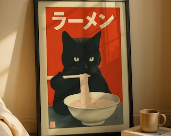 Ramen Cat Print, Vintage Cat Poster, Japanese Style Wall Art, Funny Cat Eating Noodles Print, Retro Kitchen Wall Decor, Cat Lover Gift