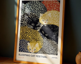 Sleeping Cat Wall Art Print – Yayoi Kusama Inspired Japanese Cat Poster, Japandi Animal Wall Decor