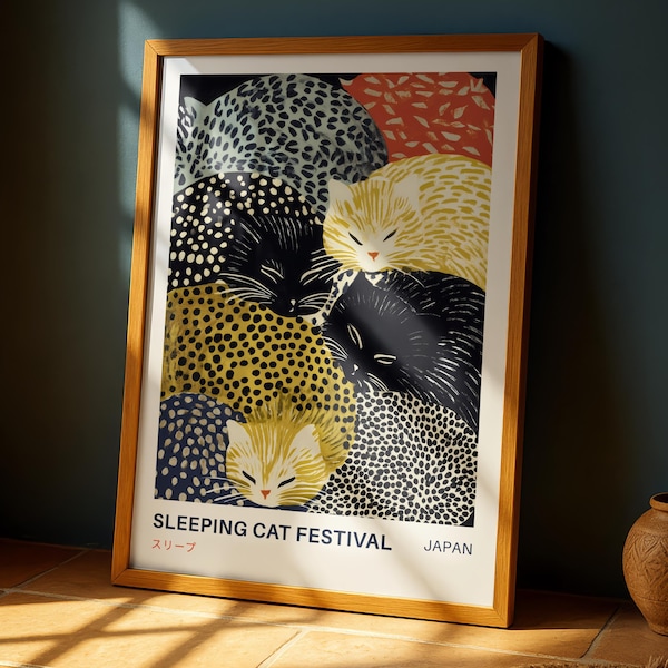Lámina de gato durmiendo: póster de gato japonés inspirado en Yayoi Kusama, decoración de pared con animales japoneses