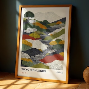 Tokyo Mountains Art Print – Japanese Mount Fuji Landscape Poster with Abstract Lines, Japandi Nature Wall Decor
