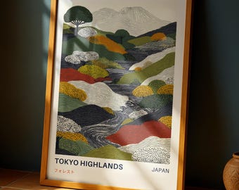 Lámina artística de las montañas de Tokio: póster con paisaje del monte Fuji con líneas abstractas, decoración de pared natural japonesa