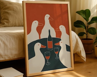 Duck Art Print Ducks Drinking Wine Red | Funny Kitchen Wall Art Retro Animal Poster | Wine Lovers Dining Room Decor