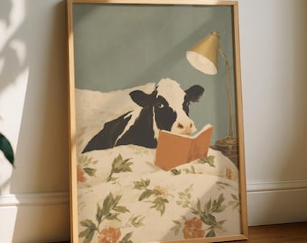 Cow Reading Print, Funny Cow Wall Art, Whimsical Animal Bedroom Decor, Farmhouse Cow Poster, Cottagecore Animal Art Print