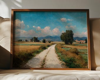 Vintage Countryside Landscape Print (Digital Download) – Rustic Farmhouse Wall Art, Printable Vintage Painting, Pastoral Nature Print