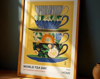 Tea Lover Art Print – World Tea Day vintage poster, retro keukenmuurdecoratie met gestapelde theekopjes