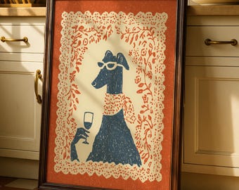 Dog Wine Print, Funny Dog Wall Art, Whippet Greyhound Poster, Retro Kitchen Wall Art, Quirky Animal Print, Colorful Dining Room Decor
