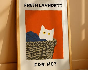 Funny Cat Laundry Room Print – Fresh Laundry Wall Art, Laundry Room Decor, Laundry Basket Art, Cute Cat Poster, Farmhouse Laundry Sign