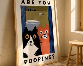 Funny Cat Bathroom Print – Are You Pooping Cat Poster, Humorous Bathroom Wall Art, Cute Cat Toilet Decor