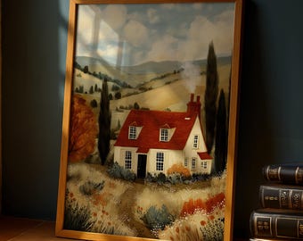 May include: A framed landscape painting of a white cottage with a red roof, set in a valley with rolling hills and tall trees. The artwork is displayed on a wooden floor with a patterned rug.