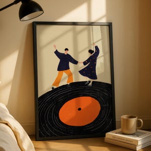 踊るカップルのウォールアートプリント｜レトロなビニールレコードの音楽ポスター｜リビングルームやバレンタインギフトに最適なモダンミュージック風イラスト
