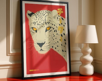 Cheetah Wall Art Print – Japanese Cheetah Poster, Big Cat Wall Decor, Modern Animal Print, Fashion Statement Artwork, Bold Red Home Art