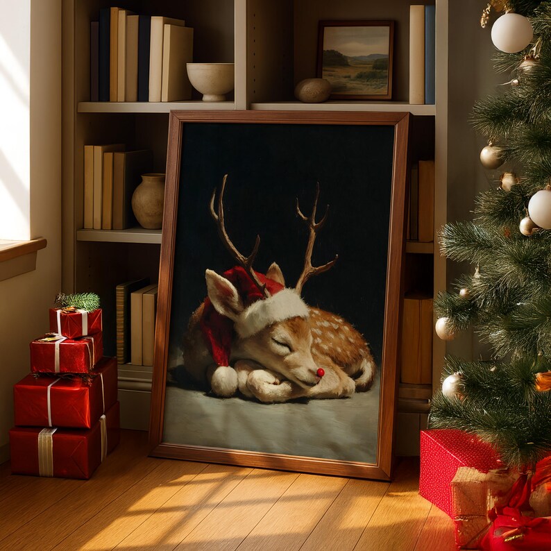 Sleeping Rudolph Reindeer Print, Vintage Christmas Wall Art, Cozy ...