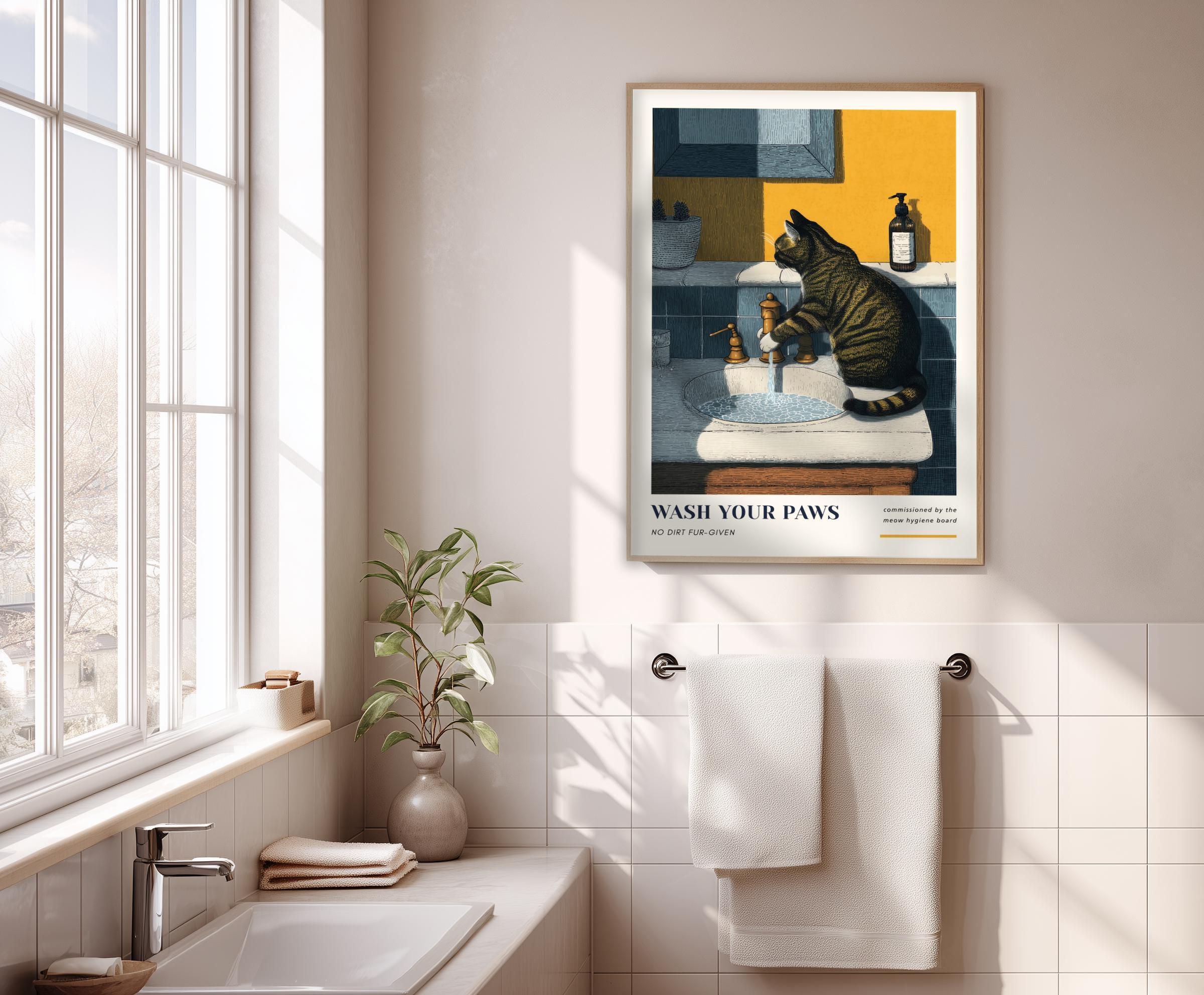 Tabby Cat Bathroom Wall Art Print – “wash Your Paws” – Grey Brown Tabby ...