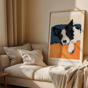 Border Collie art print in neutral living room above beige sofa – cozy dog-themed home decor.