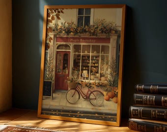Autumn/Fall Bookstore Wall Art Print, Vintage Bookshop Poster, Dark Academia Reading Nook Decor, Cozy Literary Home Art – Maple Bookshop