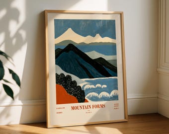 May include: A framed art print featuring a stylized landscape of dark blue mountains, white peaks, and rolling waves in shades of blue and orange. The text reads MOUNTAIN FORMS, LANDSCAPE STUDIES, ALPINE SERIES, and PLATE 1 in a light beige background.