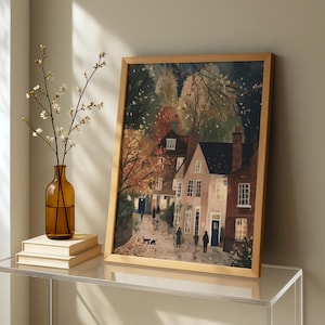 Herbst Wand Kunst Druck, Gemütliche Straßenszene, Europäisches Dorf Poster, Wohnzimmer Wandkunst, Saisonale Wohnkultur - Abendstraße Bild 10