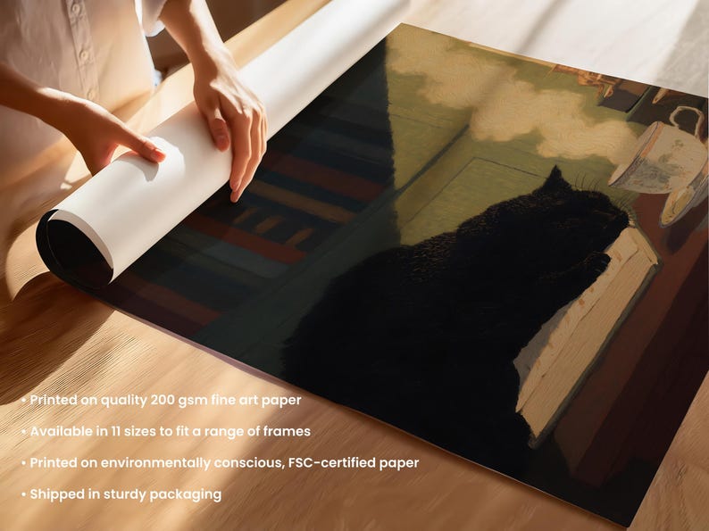 Black Cat Library Wall Art Print – Gothcore Cat Book Lover Artwork – Cozy Literary Cat Cottage Wall Decor image 8