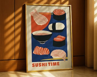 Sushi Print, Japanese Food Wall Art, Retro Kitchen Poster, Sushi Wall Decor, Modern Japan Style Artwork, Sushi Time Dining Print