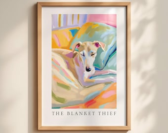 Whippet Puppy Wall Art Print: Bedtime Scene – “The Blanket Thief” Poster, Whippet Gift