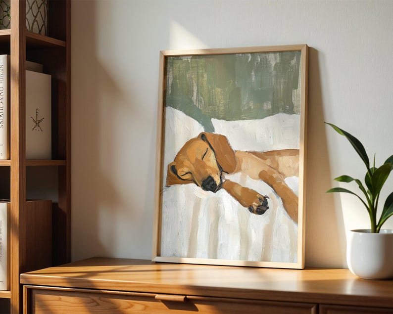Peut inclure: Une peinture d'un teckel brun et blanc dormant sur un lit ray&eacute; blanc et vert. Le chien est enroul&eacute; sur le c&ocirc;t&eacute;, la t&ecirc;te reposant sur ses pattes. La peinture est r&eacute;alis&eacute;e dans un style r&eacute;aliste avec des coups de pinceau doux.