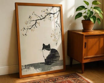 Japanese Cat Print, Japandi Cat Poster, Ink Style Cat Wall Art, Japan Art Print, Cat Gift