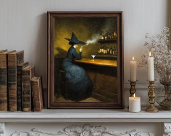 "Gothic Witch Wandbild - ""Martini at Midnight"", Dark Cottagecore Druck, Gothic Bar Szene, Dark Academia Decor, Vintage Witch Art, Fantasy."