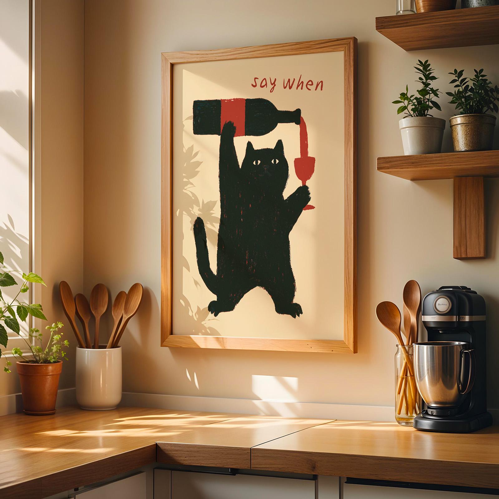Say When Cat Wine Print — Funny Black Cat Wall Art, Wine Lover Gift ...
