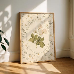Nancy Meyers väggkonsttryck – Vintage botanisk blomposter, Cottagecore bondgårdsinredning, mjuk neutral blommig naturkonst