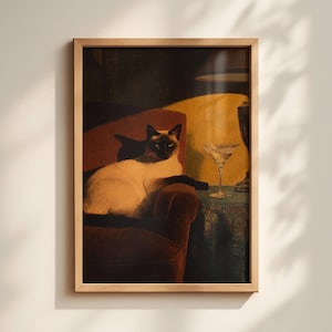 Siamese Cat Wall Art – Vintage Style Moody Pet Portrait Print, Cosy Decor