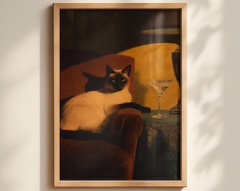 Siamese Cat Wall Art – Vintage Style Moody Pet Portrait Print, Cosy Decor