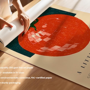 A person is rolling up a roll of 200 gram fine art paper, which is available in 11+ sizes. The paper is printed on environmentally conscious, FSC-certified paper, and it is shipped in sturdy packaging.