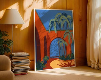 Marokański dziedziniec – grafika ścienna: architektura Marrakeszu – plakat podróżniczy Boho