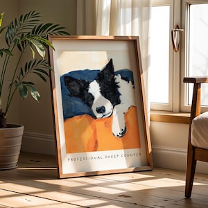 Brightly lit dog wall art with Border Collie portrait, resting near houseplant by sunlit window – cheerful dog gift idea.