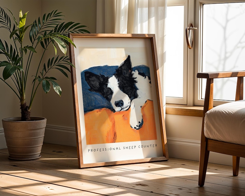 Brightly lit dog wall art with Border Collie portrait, resting near houseplant by sunlit window – cheerful dog gift idea.