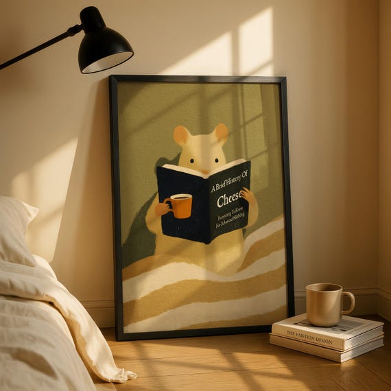 Mouse Reading Print, Cute Mouse Wall Art Poster, Funny Animal Art for Bedroom or Nursery, Cozy Mouse Print Coffee Bed Illustration