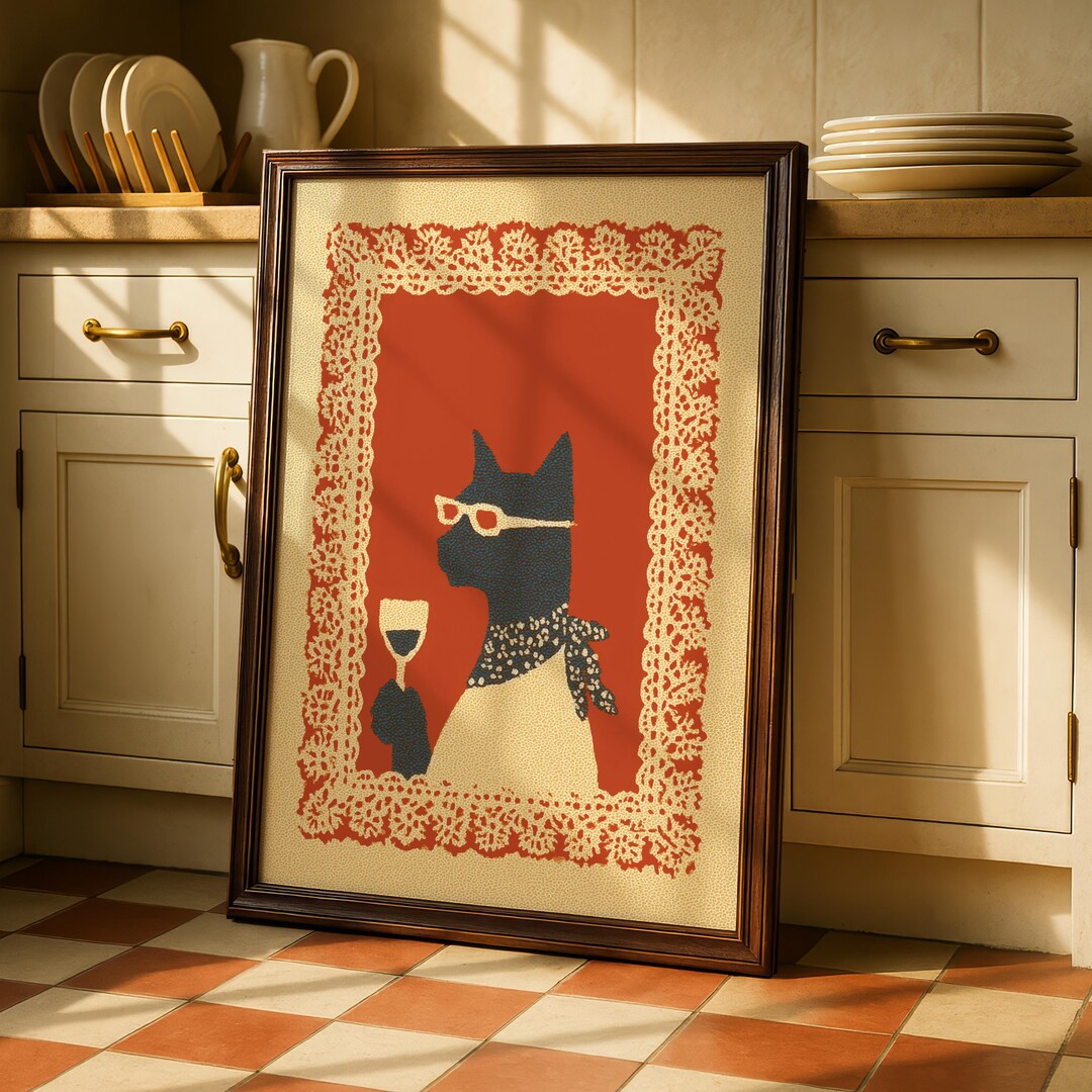 Cat Wine Print, Funny Cat Wall Art, Retro Kitchen Poster, Quirky Animal ...
