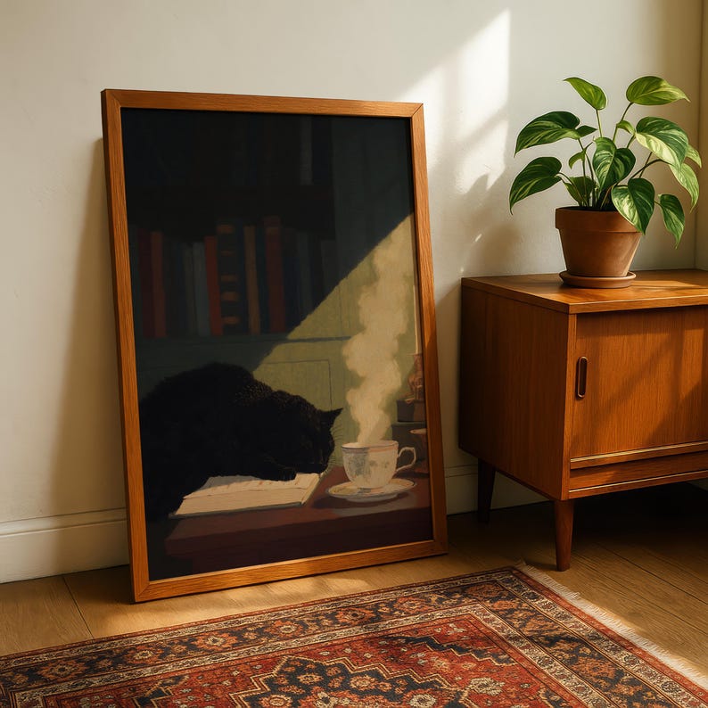 Black Cat Library Wall Art Print – Gothcore Cat Book Lover Artwork – Cozy Literary Cat Cottage Wall Decor image 4