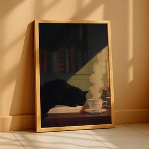 Black Cat Library Wall Art Print – Gothcore Cat Book Lover Artwork – Cozy Literary Cat Cottage Wall Decor image 3