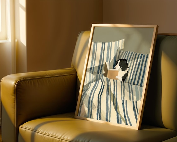 Dog Reading Art Print – Border Collie Wall Art, Bookish Dog Poster, Dog in Bed Illustration, Funny Dog Lover Gift, Cozy Bedroom Pet Decor