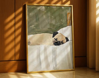 Lámina de arte mural de Pug: Póster de perro juguetón: Retrato de mascota apacible para la decoración del hogar