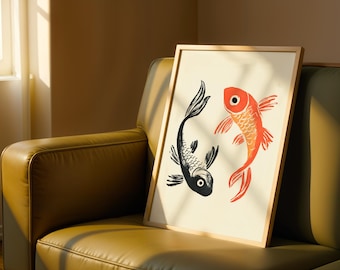 Koi Fish Art Print, Yin Yang Wall Art, Koi Carp Illustration, Minimalist Fish Print, Japanese Print for Home, Zen Inspired Decor