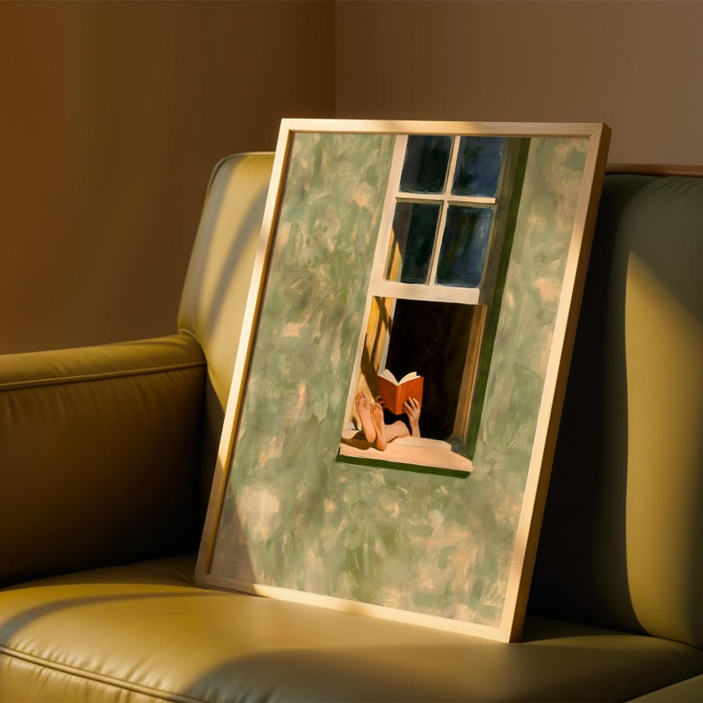 Reading Print, Book Lover Gift, Oil Painting Wall Art, Person Reading In Window Poster, Cozy Reading Nook Decor image 1