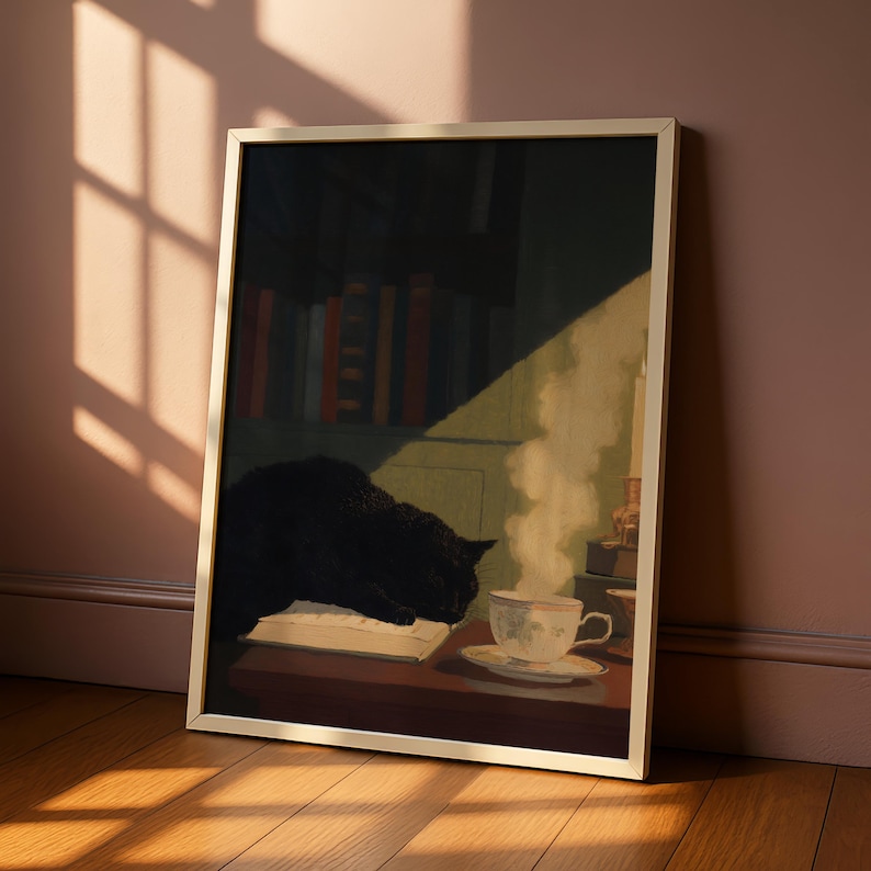 Black Cat Library Wall Art Print – Gothcore Cat Book Lover Artwork – Cozy Literary Cat Cottage Wall Decor image 2