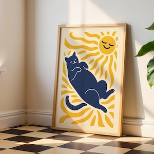 Cat Matisse Print, Minimalist Sunbathing Cat Wall Art, Navy and Yellow Feline Poster, Modern Abstract Cat Illustration for Home Decor