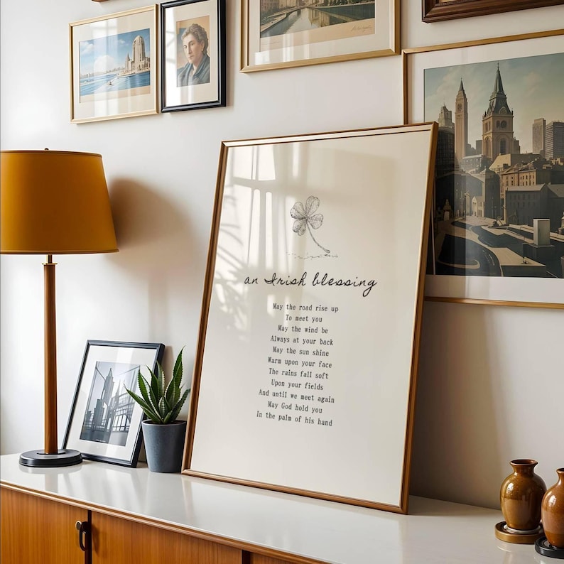 Framed Irish Blessing poem in warm-toned room with gallery wall – faith-based typography print for living room or hallway.