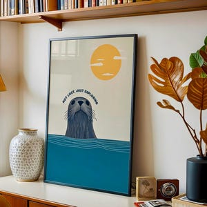 Arte de pared con estampado de focas en el océano, lindo póster de foca con estampado animal minimalista, decoración costera náutica, ilustración de vida marina, arte de pared de casa de playa