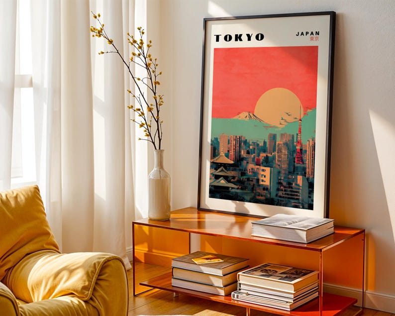 May include: A retro-style poster with a cityscape of Tokyo, Japan. The poster features a red and orange sunset with Mount Fuji in the background. The text "TOKYO" and "JAPAN" is printed in black at the top of the poster.